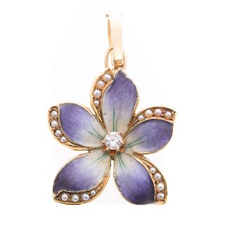 An Enamel Flower Pendant with Diamond & Seed Pearl