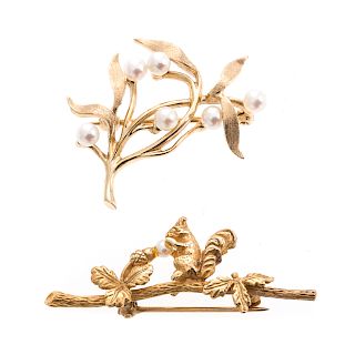 Two Lady's Pins with Pearls in 14K Gold