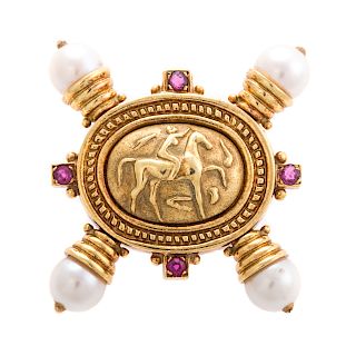 A Lady's 18K Pearl and Ruby Brooch