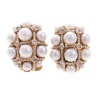 A Pair of Ear Clips with Pearls & Diamonds in 14K