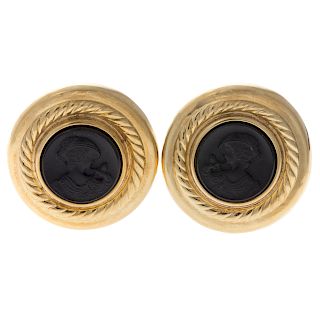 A Pair of 18K Carved Black Onyx Earrings