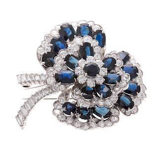 A Stunning Sapphire & Diamond Floral Pin in Platinum