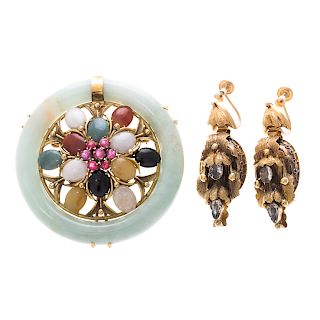 A Multi Jade Brooch & Victorian Earrings