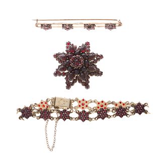 A Collection of Gilt Garnet Cluster Jewelry