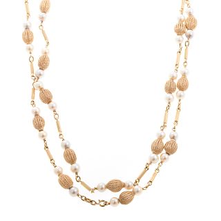 A Lady's 18K Gold & Pearl Station Necklace