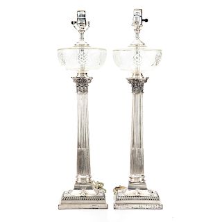 Pair Georgian style slivered metal banquet lamps