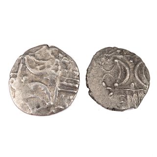 [Ancient] 2 Ecen Celtic Coins, Opposing Crescents