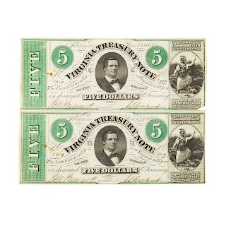 Pair of $5 1862 Virginia Treasury Notes CR.#13  AU