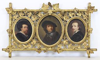 After Rembrandt. 19th C. Triptych. Three Oil on
