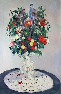 SEIBRE, Gaston. Oil on Canvas "Fleurs Vase Rococo"