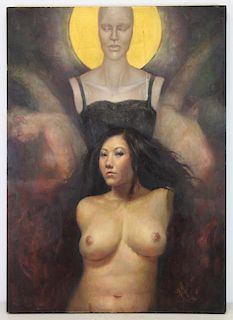 Chinese School. Oil on Canvas. Nude with Saint.