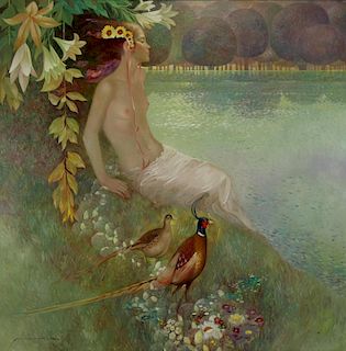 MAS, Felix. Oil on Canvas. Nude with Pheasants.