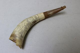 Engraved & Scrimshawed Antique Powder Horn