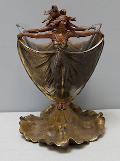 Art Nouveau Patinated Metal Dancer Form Vase.