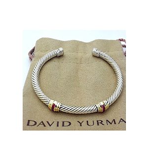 David Yurman Sterling Silver &14K Gold Double Stations Ruby 5mm Bracelet 