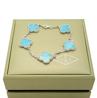 Vintage Van Cleef & Arpels 18k White Gold Turquoise Alhambra bracelet, 5 motifs