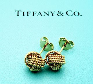 TIFFANY & CO PAIR MESH TWIST KNOT ROPE EARRINGS 18K GOLD 