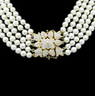 4 Row Pearls 1.13 Carat Diamond Necklace  Tulip Clasp