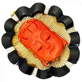 14K Gold Coral Buddah Pendent with Onyx & Diamonds