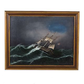 American School. Frigate in a Storm, oil on canvas