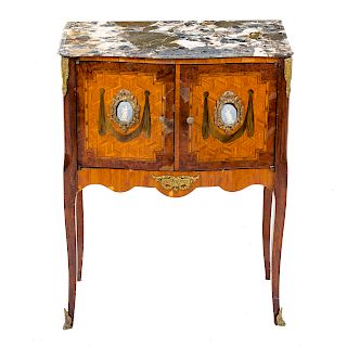 Louis XV style inlaid marble top commode