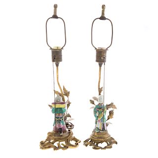 Two Chinese Export Famille Rose figural lamps