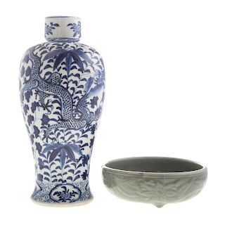 Chinese celadon bowl and blue/white jar