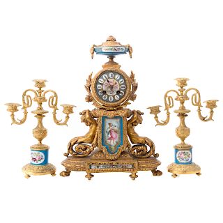 Louis XVI style gilt-metal clock garniture