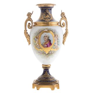 Sevres style gilt-metal-mounted porcelain urn