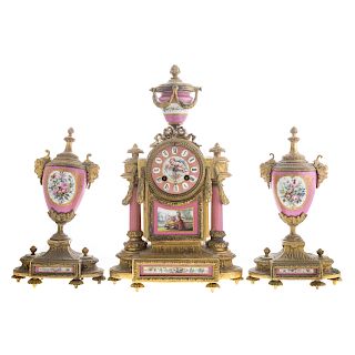 Phillipe H. Mourey gilt-metal clock garniture