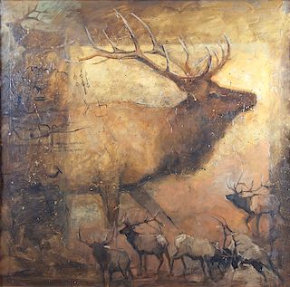 Bull Elk with Petroglyphs by Mary Roberson