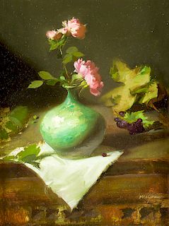 Green Vase with Pink Roses by Sherrie McGraw