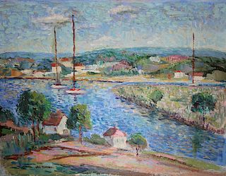 American School, Signed Impressionist Harbor Scene