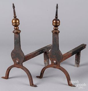 Pair of brass and iron andirons