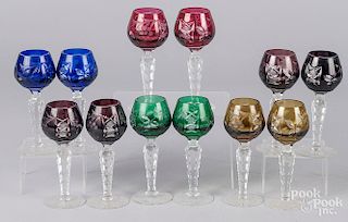Set of twelve colored cut glass cordials