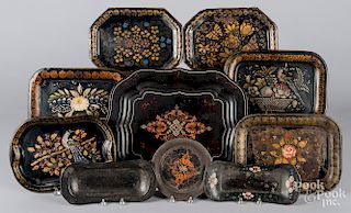 Nine toleware trays
