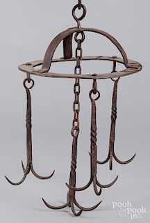 Wrought iron hanging pot rack.