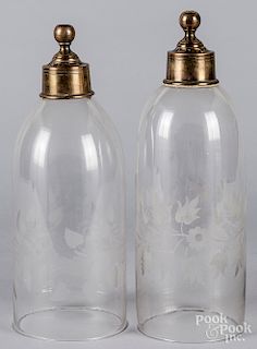 Pair of brass sconces with etched shades