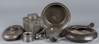 Group of pewter, to include Chinese engraved box