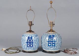 Pair of Chinese blue and white porcelain lamps