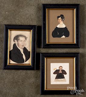 Three miniature watercolor and cutout portraits