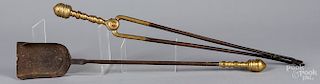 Brass fire shovel and tongs