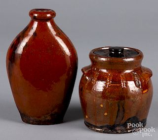 Redware covered jar and flask