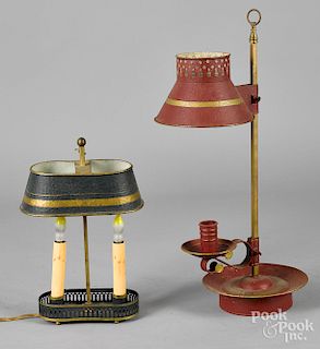 Two painted tin and brass bouillotte lamps