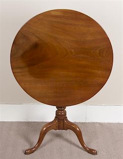 A Queen Anne Style Mahogany Tilt-Top Tea Table, Height 27 1/2 x diameter 29 1/2 inches.