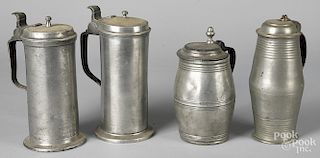 Four Continental pewter flagons