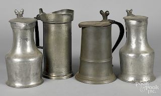 Four Continental pewter flagons