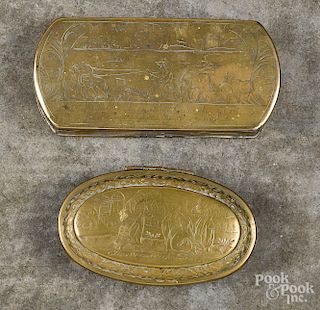 Two Dutch engraved brass snuff boxes