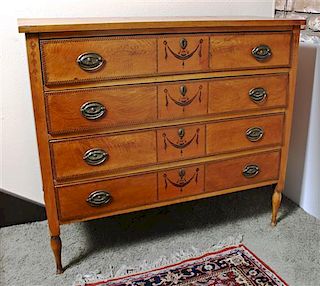 A Sheraton Marquetry Inlaid Maple Chest of Drawers, Height 36 3/4 x width 41 x depth 17 inches.