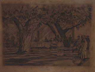 Signed, 19th C. Etching of Figures in a Park